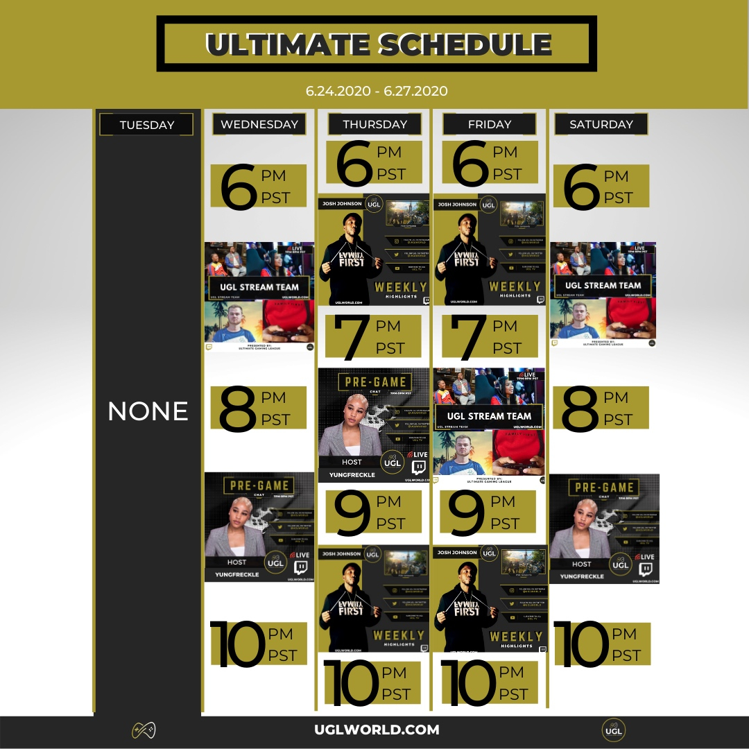 uglworld's tweet photo. ULTIMATE SCHEDULE | June 24 - June 27, 2020
We’ve put together *NEW content that you’re sure to enjoy‼️
https://t.co/tHbj244ZXS 🎮🌎
#UGL #Schedule #ContentList #NEW #Gaming https://t.co/RRa9lr7WnG