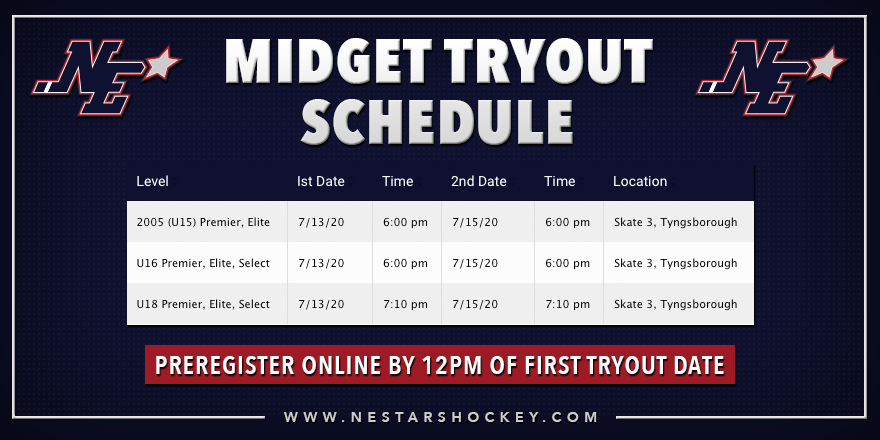 nestarshockey's tweet photo. Our Midget Tryouts have been rescheduled! For more information, or to register, CLICK HERE - https://t.co/P7kQwAlCDR #NEStars https://t.co/gwA8D4gCfO