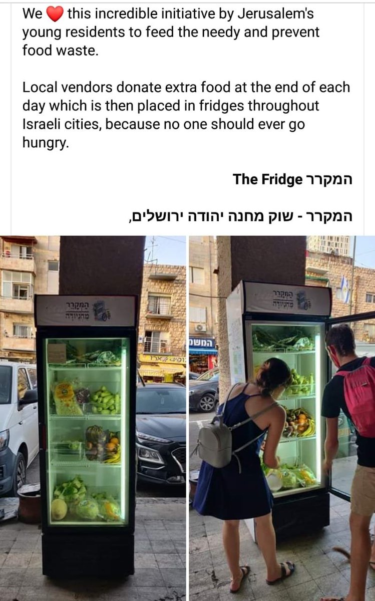 pan_noti's tweet photo. @holapancoe #SabiasQue residentes jóvenes de Jerusalem comenzaron una increíble iniciativa para alimentar a los necesitados y prevenir el desperdicio de alimentos❤️
 Los vendedores donan comida extra al final del día. Esta se coloca en heladeras ubicadas en las ciudades israelíes https://t.co/oXJNcF94re