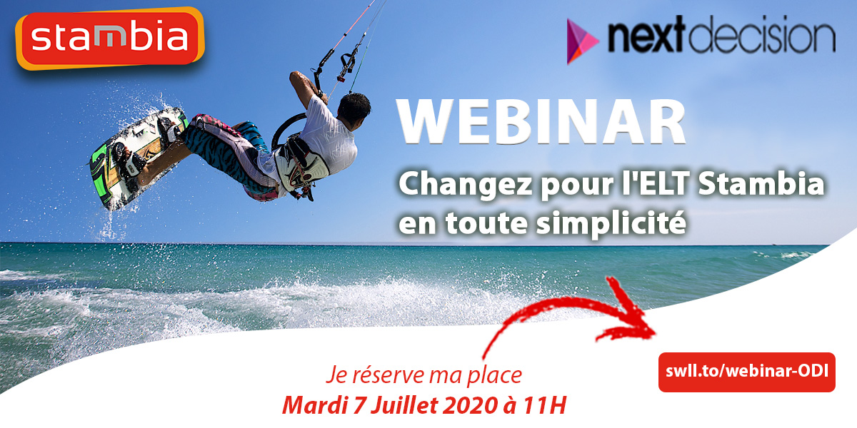 #Webinar Live 🗓 : 𝗠𝗮𝗿𝗱𝗶 𝟳 𝗷𝘂𝗶𝗹𝗹𝗲𝘁 à 11H
Inscription en ligne 👉 swll.to/webinar-ODI

Rejoignez-nous avec <a href="/NEXT__DECISION/">NEXT DECISION</a> pour une session de 30 min à la migration d' #ODI ( ex sunopsis ) vers <a href="/stambia/">Stambia</a> en toute simplicité.