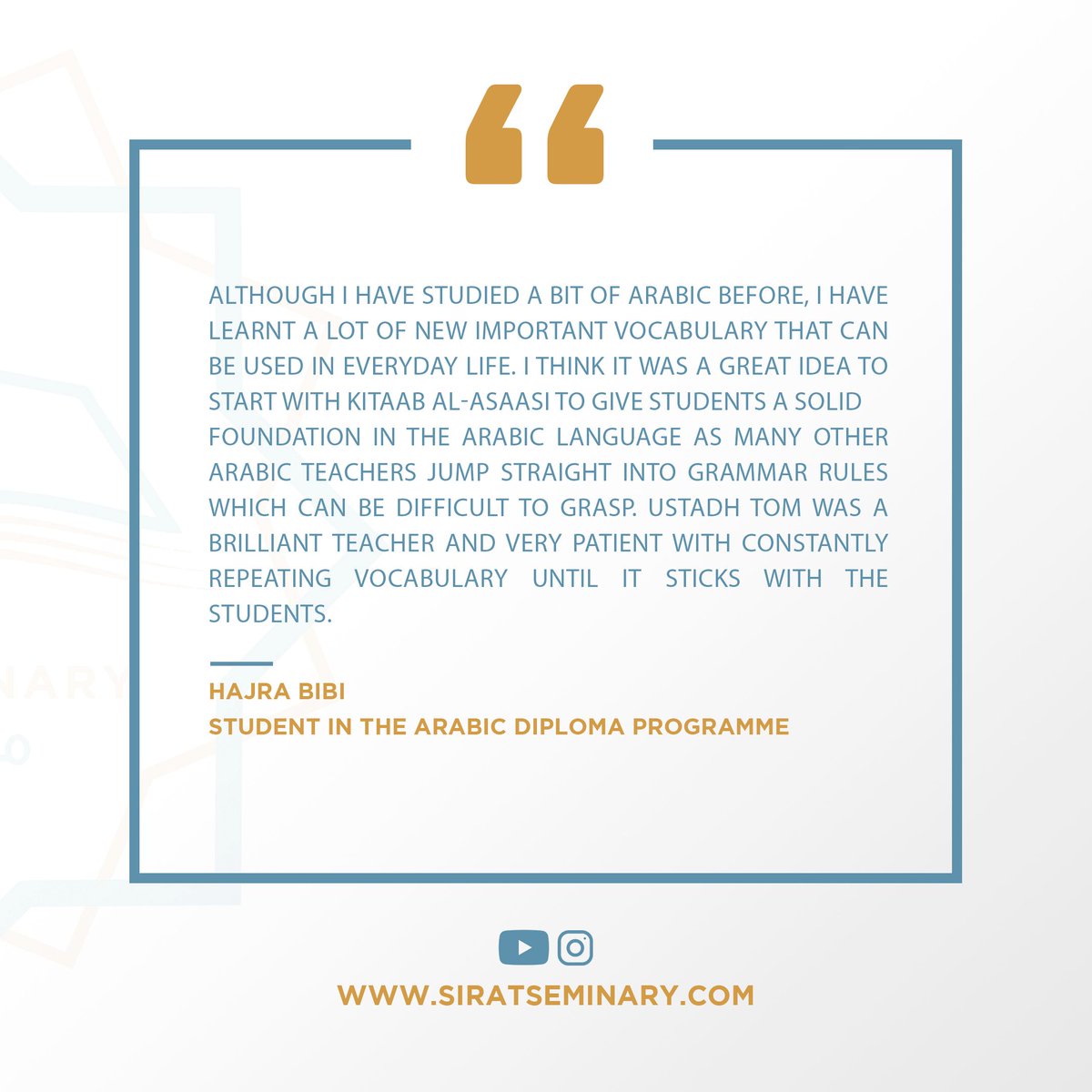 SeminarySirat's tweet photo. Testimonial from one of our students- Hajra Bibi. in the Arabic Diploma Programme. Registration still open! https://t.co/C6pL7ur7pC