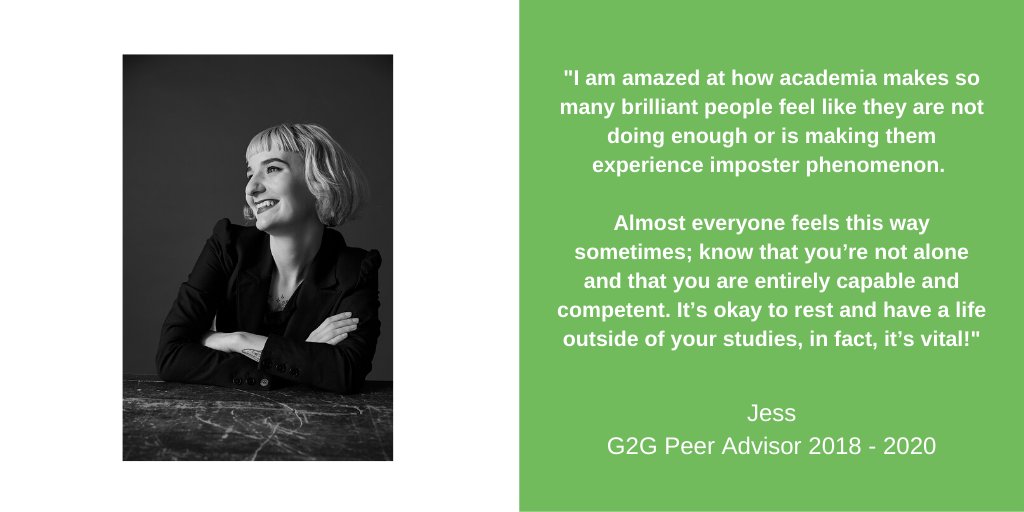GradCRCUofT's tweet photo. Since 2018, G2G Peer Advisor and @CDTPS_UofT PhD student Jess has provided #UofT @UofTSGS students with empathetic support through challenging circumstances. Her thoughts on imposter phenomenon validate this common experience in #gradschool. Thank you for everything, Jess🌱🥳 https://t.co/aaPEItyniR