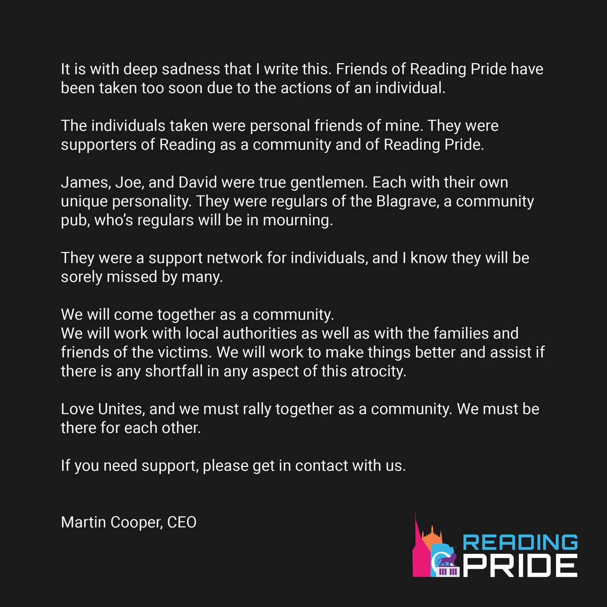 Statement from our CEO, Martin Cooper

#LoveUnites #LoveWins #Solidarity #Pride #ReadingPride #LGBT+ #MyUmbrella #MoreThanLGBT #UnderTheBrolly #rdguk #ReadingAttack #Readingstabbing #Reading