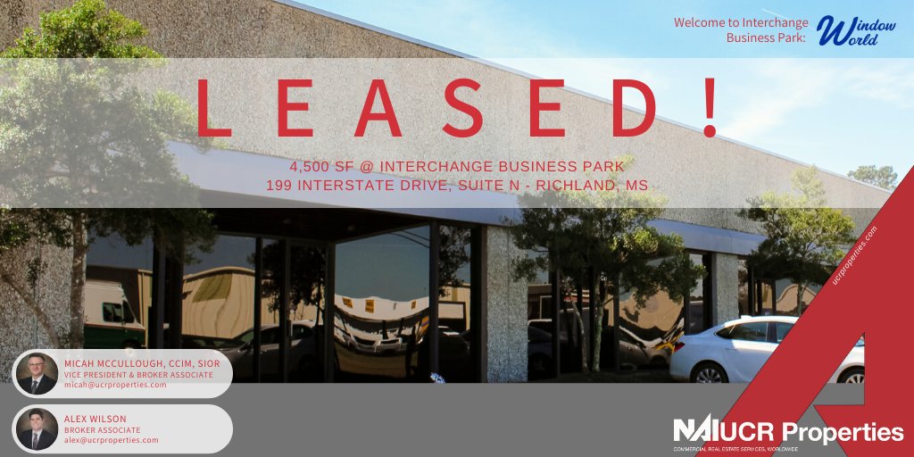 Leased – 4,500 SF Industrial Space - Welcome Window World to Interchange Business Park in Richland, MS! #commercialrealestate #industrial #CRE

Visit buff.ly/2ANtPQT for available suites at Interchange Business Park 
📞601 981 6800   💻 ucrproperties.com