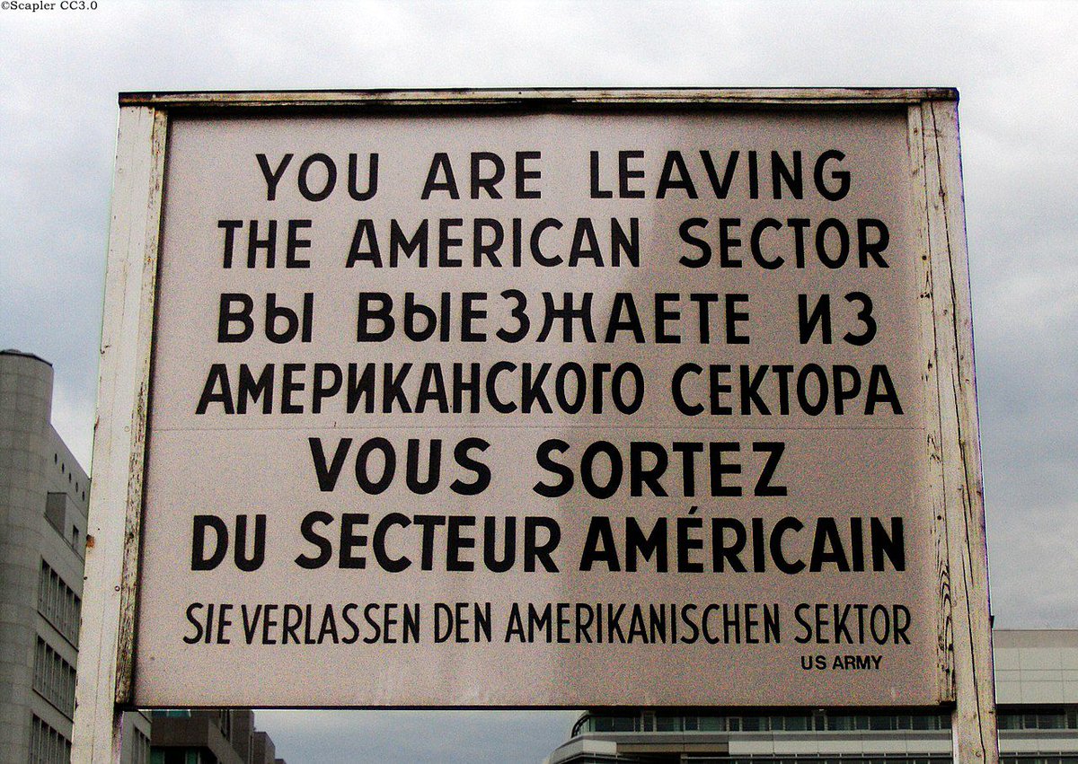 GermanyinUSA's tweet photo. In divided Berlin, Checkpoint Charlie was a notorious border crossing, a Cold War hot zone. #OnThisDay in 1990, it closed in a solemn, optimistic ceremony.  

"Checkpoint Charlie, like the Berlin Wall, was headed for the dustbin of history." 
-Peter Jennings https://t.co/5QJWaw0Cv6