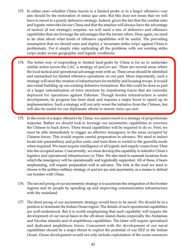 I was looking at this 2012 policy document, 'NonAlignment 2.0' authored by  @SunilKhilnani, Rajiv Kumar,  @pbmehta,  @prakashmenon51,  @NandanNilekani,  @srinathraghava3, Shyam Saran, and  @svaradarajan, and paragraph 174 [highlighted in red] jumped out at me in the current context.