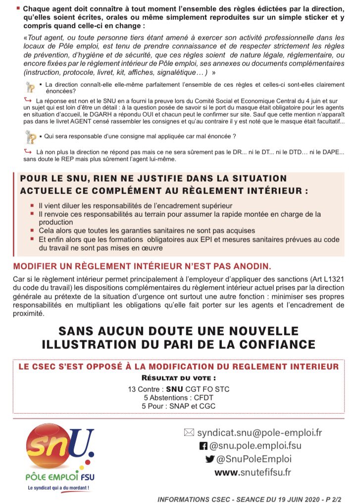 FSUEMPLOIOCC's tweet photo. 1/2 Avenant au Règlement Intérieur de ⁦@pole_emploi⁩ relatif au #EPI durant la crise sanitaire #COVID19. La DG de ⁦@pole_emploi⁩ se défausse sur ses Agents, préférant la répression à la prévention, la sanction à l’explication 🤬🤬🤬 https://t.co/fp9oFOKSOf