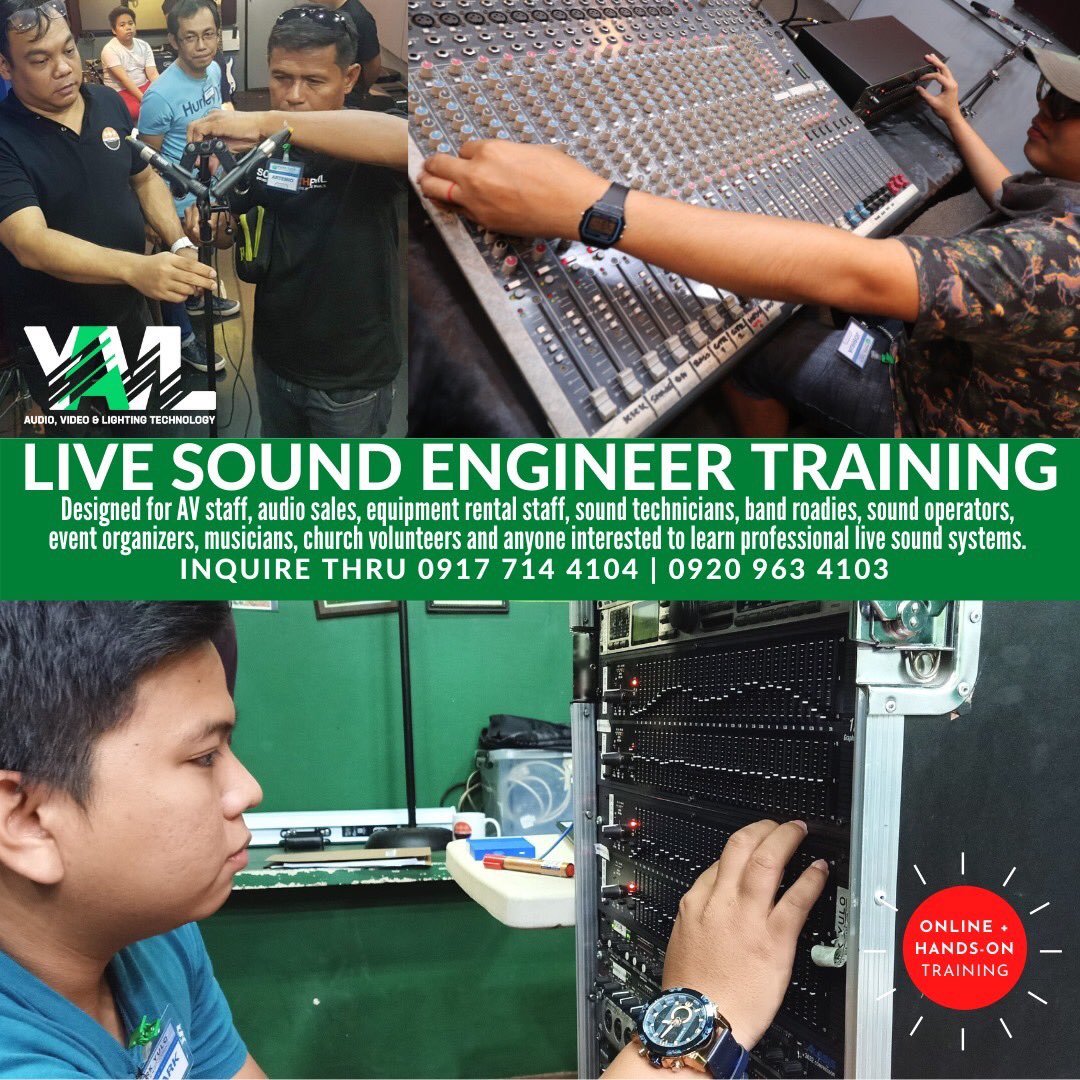markyuloaudio's tweet image. Online+Hands-on Training: Live Sound Engineering
Inquire thru 09177144104 / 09209634103

Designed for AV staff, audio sales, equipment rental staff, sound technicians, band roadies, sound operators, event organizers, musicians, church volunteers and anyone interested to learn