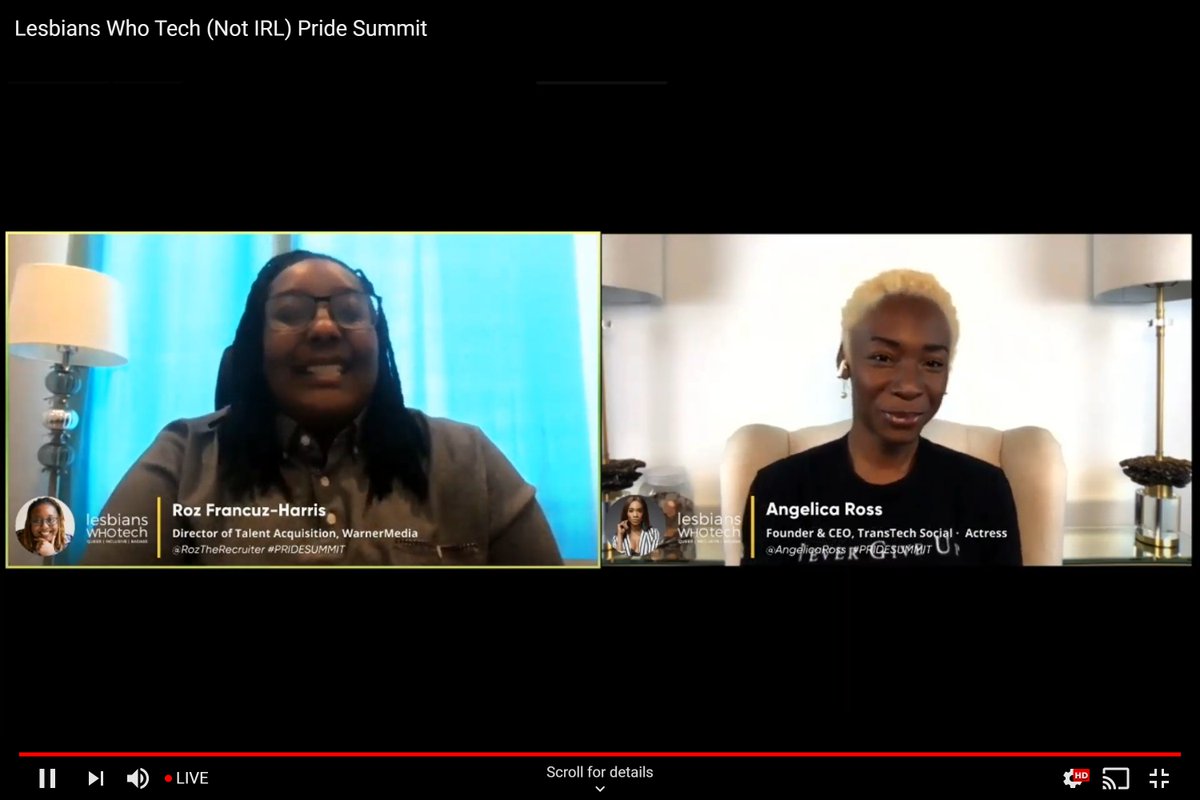 “From the margins is where greatness comes,” says Ross. #BlackTransLivesMatter Excellent discussion about representation and more between @RozTheRecruiter and @angelicaross #PRIDESUMMIT @lesbiantech