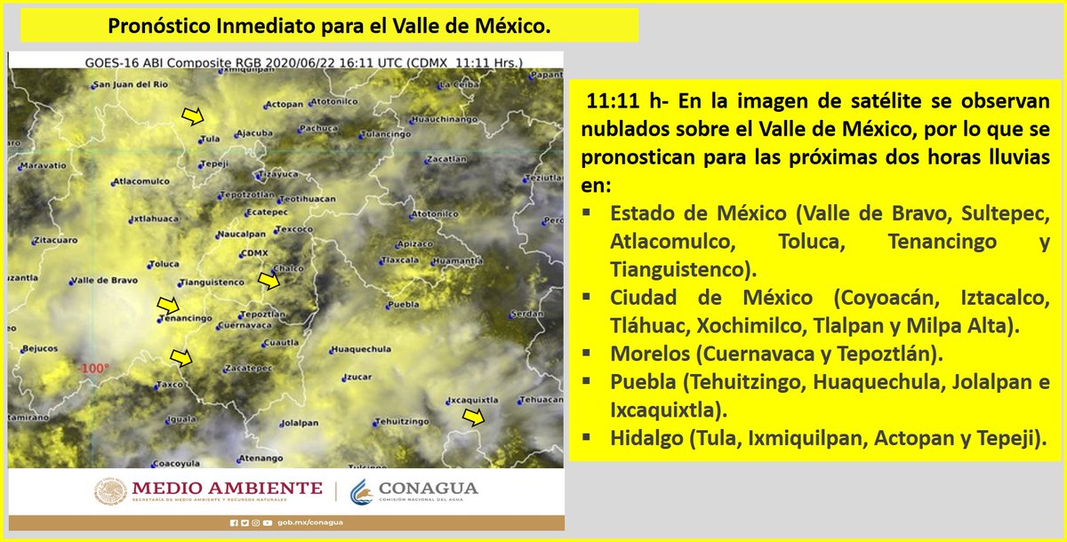 Nublados en el #ValleDeMéxico. Se pronostican para las próximas 2 horas #Lluvias en zonas del #EdoMéx, la #CDMX, #Morelos, #Puebla e #Hidalgo