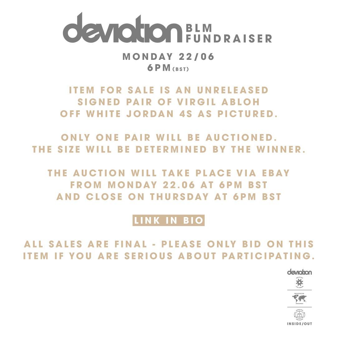 Deviation (@deviation) on Twitter photo As announced in last week's live fundraiser stream, we are happy to confirm an extra item for auction: Unreleased signed pair of <a href="/virgilabloh/">virgil abloh</a> <a href="/OffWht/">Off-White™</a> Jordan 4s - All proceeds to <a href="/blackcurriculum/">Black Curriculum</a> and Inquest UK.
The auction is live now via eBay here bit.ly/VirgilAblohSig… As announced in last week's live fundraiser stream, we are happy to confirm an extra item for auction: Unreleased signed pair of <a href="/virgilabloh/">virgil abloh</a> <a href="/OffWht/">Off-White™</a> Jordan 4s - All proceeds to <a href="/blackcurriculum/">Black Curriculum</a> and Inquest UK.
The auction is live now via eBay here bit.ly/VirgilAblohSig…
