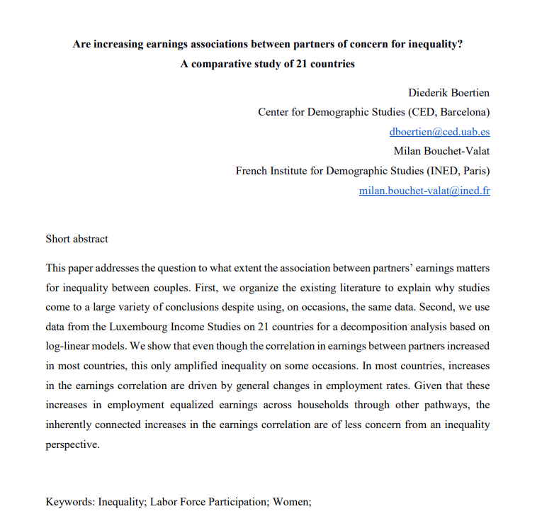 sanderwagner's tweet photo. New paper by @DBoertien and Milan Bouchet-Valet:

While 💰 correlations of 💑↗️ mostly, this only sometimes implies ↗️ inequality as increasing female employment tends to increase earnings correlation but decrease inequality through other channels https://t.co/eCreF2hJBd https://t.co/M9FQnNVzK6