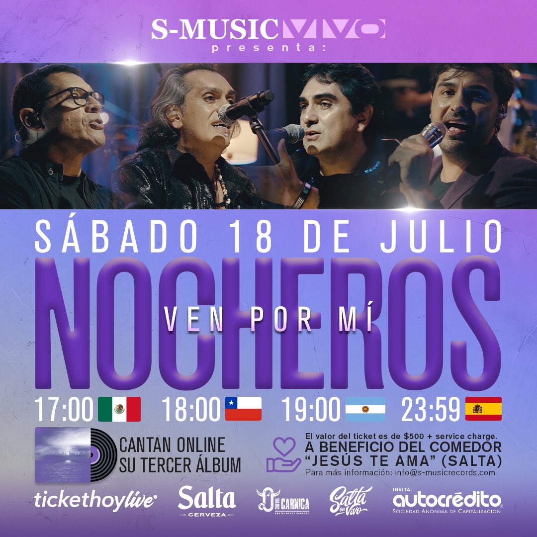 “Vino nochero”, “Angélica”, “Mucho más que piel” y “Yo soy tu río” son algunos de los clásicos que vamos a cantar el 18/7 en el Concierto Online “Ven por mí” 🎶🎤

🕖 La cita es a las 19 hs. (Arg)

🎫 Entradas por tickethoy.com

#NocherosVenPorMi
#SMusicVivo