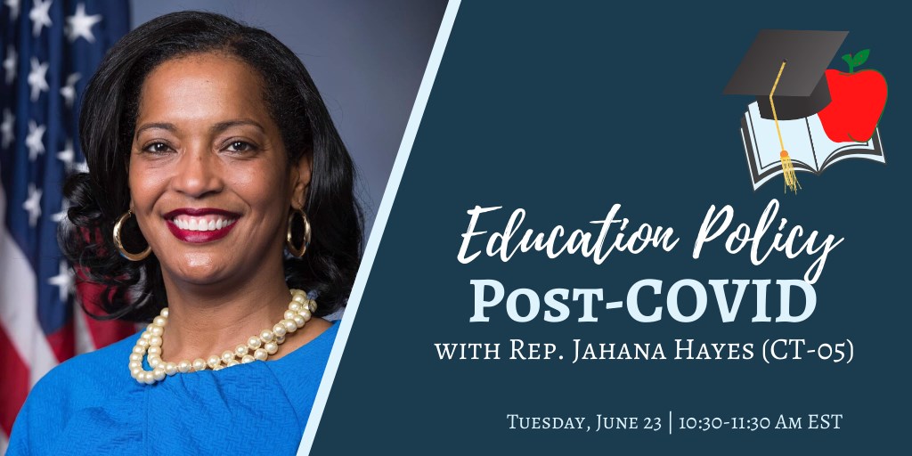 Don't forget to join us tomorrow at 10:30 am for a lively conversation with <a href="/RepJahanaHayes/">Jahana Hayes</a> about education in the time of COVID-19. It's a conversation we need to be having NOW as we look ahead to schools possibly reopening in a few months. Register bit.ly/hayes7-23-20.