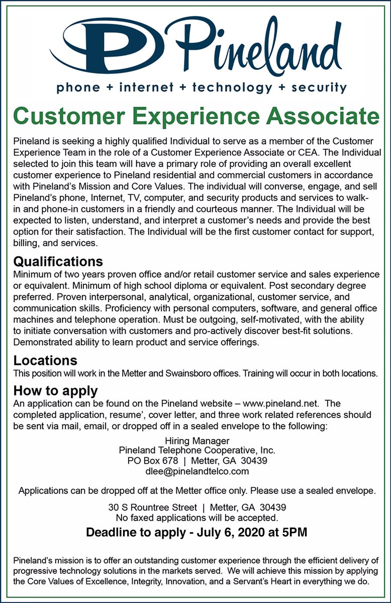 PinelandTelco's tweet photo. We are looking for someone to join our team of CEA's! Job description and details on how to apply are listed in the image below. Deadline to apply is July 6th at 5:00PM.

#PinelandTelCo #joinourteam #metter #connectwithPineland https://t.co/Ku9tX0mCp2