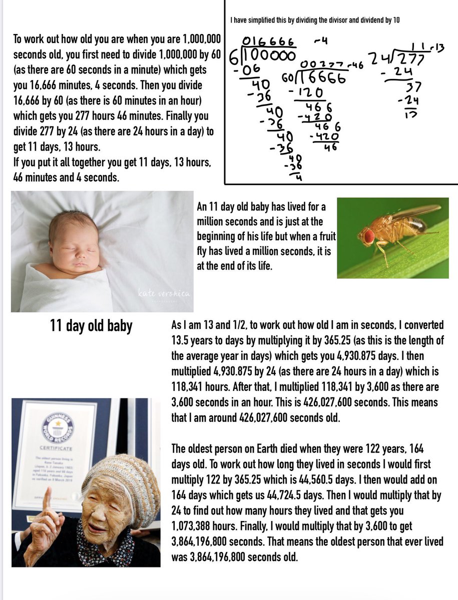 MathsSJB's tweet photo. Here are some answers from last weeks Big Crazy Question courtesy of Oliver in year 8 and Joe and Laura both in year 7.  Laura said ‘I was actually really surprised that at one million seconds you had only lived for 11 and a half days - I was expecting it to be much, much more!’ https://t.co/aSDM7eGW7O