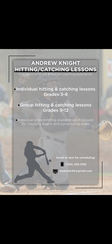 Now offering hitting and catching lessons in Daytona Beach and surrounding areas! DM, Text, or Email if interested.