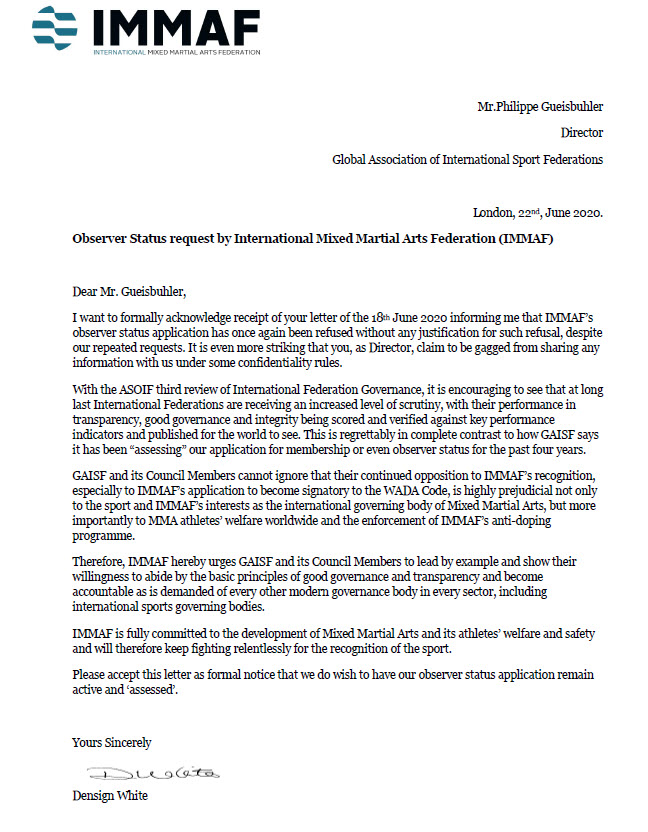 IMMAFed's tweet photo. 🗣️ This is the International Mixed Martial Arts Federation's official response to Global Association of International Sports Federations' (GAISF) letter rejecting MMA's application for sport recognition.

To see more updates follow @MMAIsASport. https://t.co/OYbRRAohzB