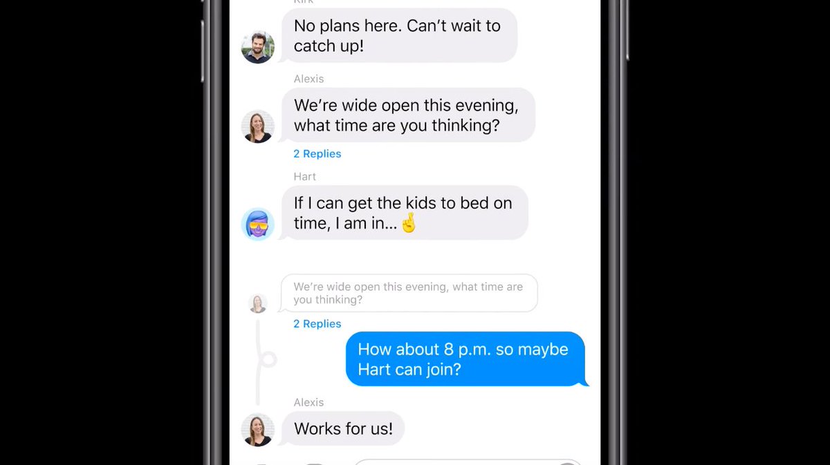 Gizmodo's tweet image. Changes to messages: pinned conversations, inline replies, mentions, and memoji has masks now #WWDC20