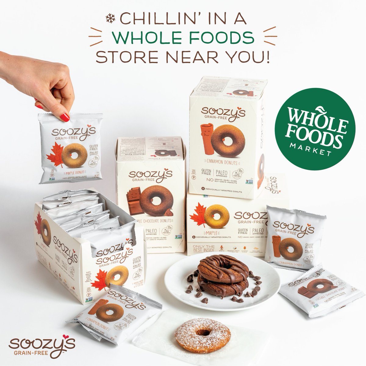 Now at your local <a href="/WholeFoods/">Whole Foods Market</a> store! 🎉 Our <a href="/SoozysGrainFree/">Soozy's Grain-Free</a> donuts are now on-shelf at #WholeFoods stores in NJ, NY, CT, CO, KS, MO, NM, UT, TX and LA! Find us chillin' in the #glutenfree frozen breakfast section. Happy snacking, sweet friends!