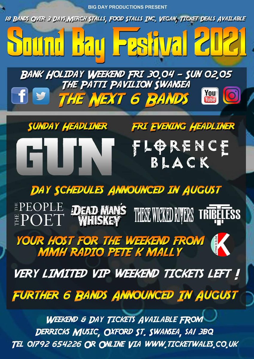 Next 6 bands for Sound Bay Festival 2021 :

We are proud to announce joining Ricky Warwick &amp; The Fighting Hearts (Saturday headliners)  will be  GUN - Official as Sunday night headliner, plus Wales finest Florence Black will be headlining the Friday evening.