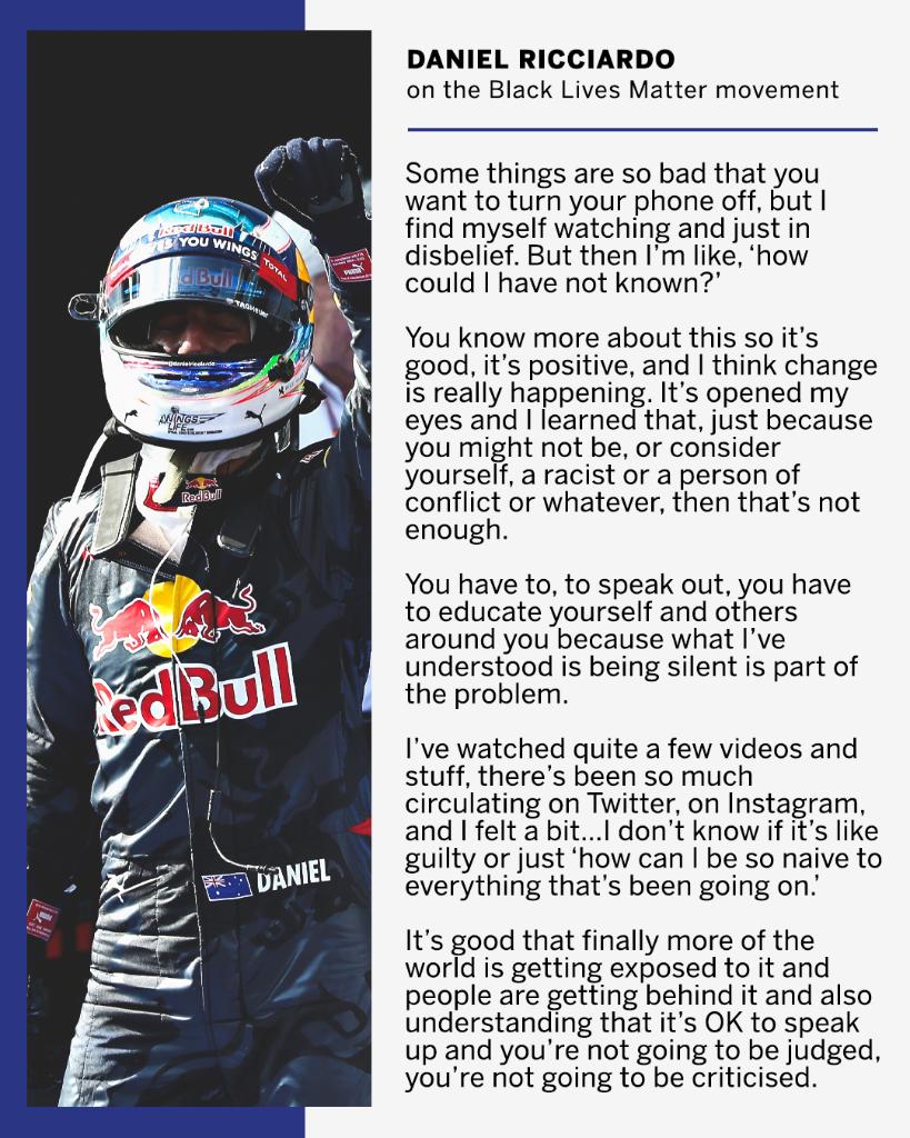 ESPNF1's tweet image. Daniel Ricciardo has spoken about the Black Lives Matter movement.