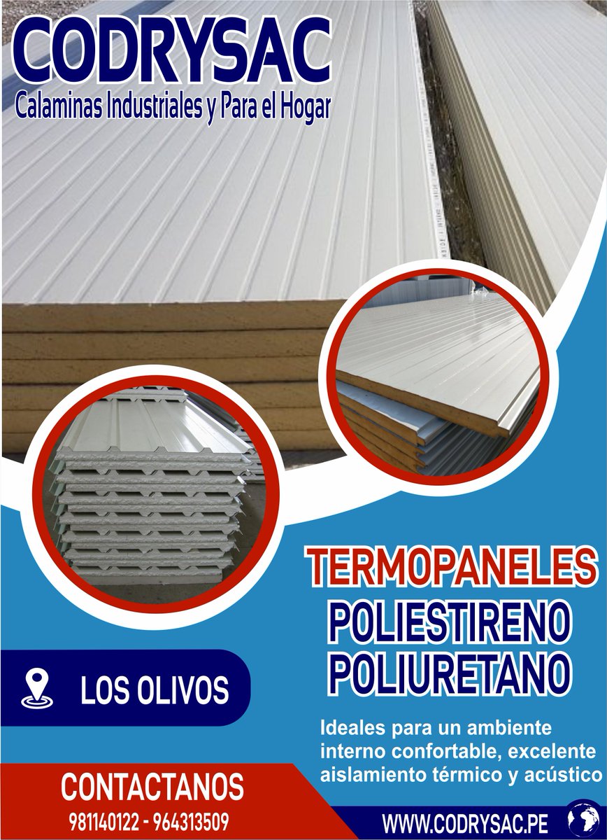 codrysac's tweet image. TERMOPANELES PARA TECHOS Y MUROS

Termopaneles con núcleo de poliestireno o poliuretano, todos de clase extinguible, recubiertos por ambas caras con calaminas de aluzinc, excelente aislante térmico y acústico, 
consulta nuestro stock
981140122 - 964313509