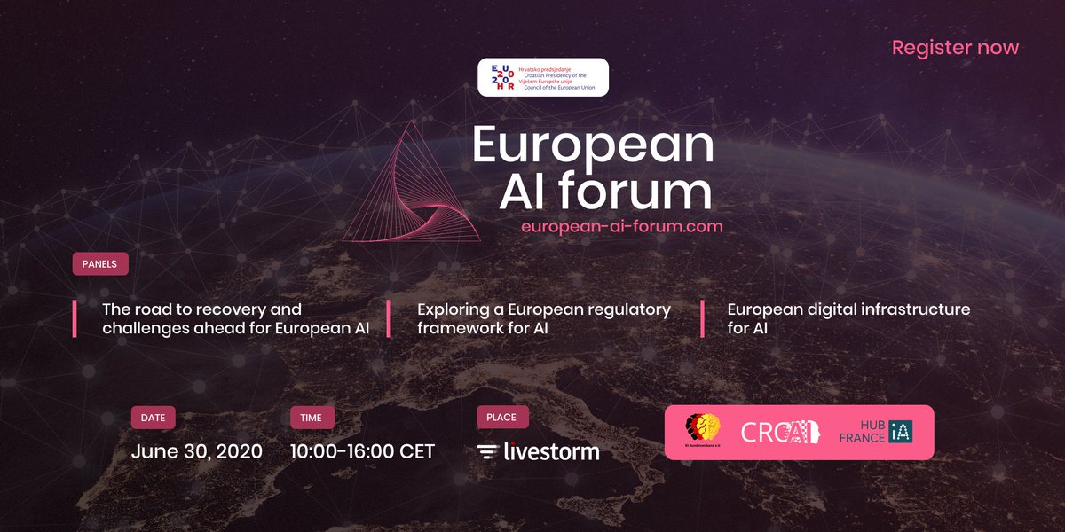 [EUROPEAN AI FORUM]📅 Le 30/06 de 10h à 16h
Le CroAI (Croatian AI Association), le <a href="/ki_verband/">KI Bundesverband</a> et le <a href="/HubFranceIA/">Hub France IA</a>, vous invitent à participer au #EuropeanAIForum pour échanger sur la place de l'#IA dans la crise actuelle. 
➡️ Programme &amp; inscriptions : european-ai-forum.com