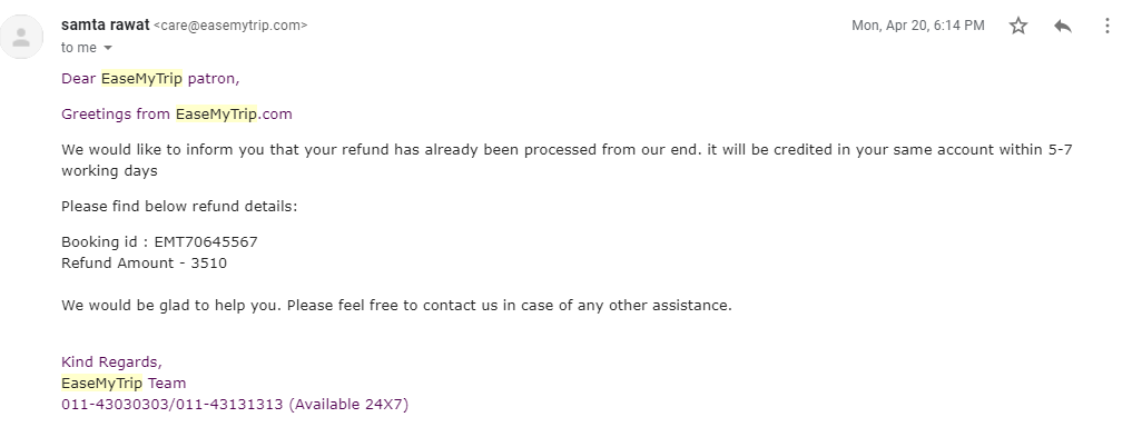 roshansabat's tweet photo. @PiyushGoyal Sir after so many request also https://t.co/v4ZkCrmo27 is not refunding my money back Which already IRCTC refunded to them. Kindly take strict action against the company. I booked Train ticket. Also i am attaching the email i got from them. @EaseMyTrip https://t.co/ChGmYnzHpE