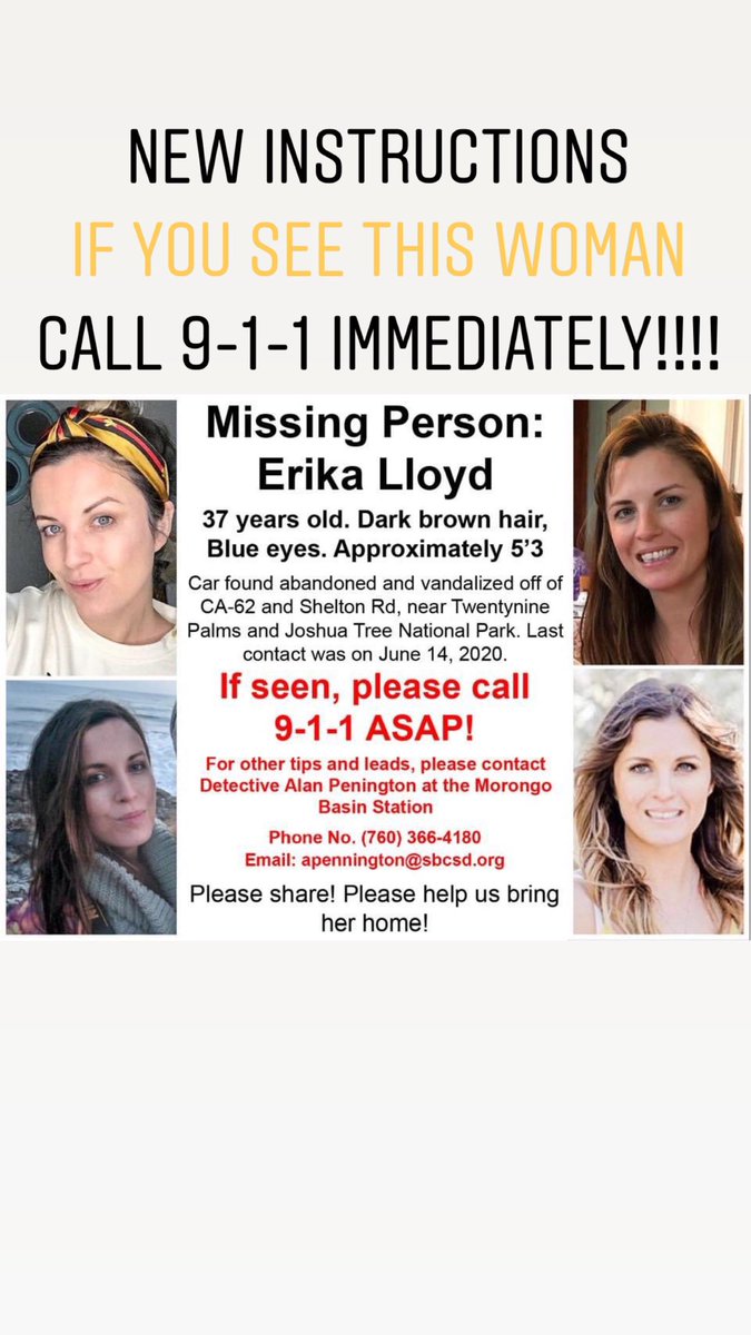 MegGardner's tweet photo. Think you’ve seen Erika Lloyd Call 9-1-1 IMMEDIATELY! Tips/Leads Detective Alan Pennington 760.366.4180 Erika is petite 5’3” 
#BringErikaLloydHome #slabcity #glamonthegobeauty #bayarea #missingincali #joshuatree #jumborocks #walnutcreek #29palmsmarinebase #bayareabrides https://t.co/tMo0oIbL8S