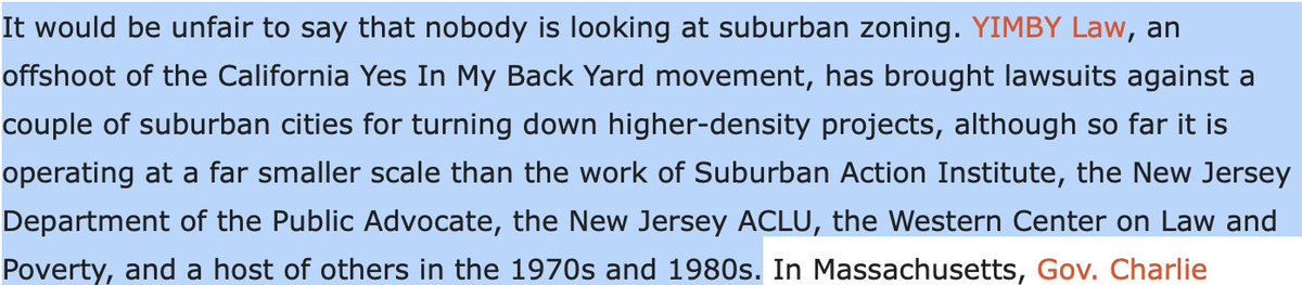 Shout-out for  @YIMBY_Law! (or should that be  @carla_org? I can't keep up with California drama) Mallach seems to belittle YIMBY efforts on legal suits a bit here, they should surely be encouraged!! The key organization for suing suburbs for housing is of course  @FairShareNJ!