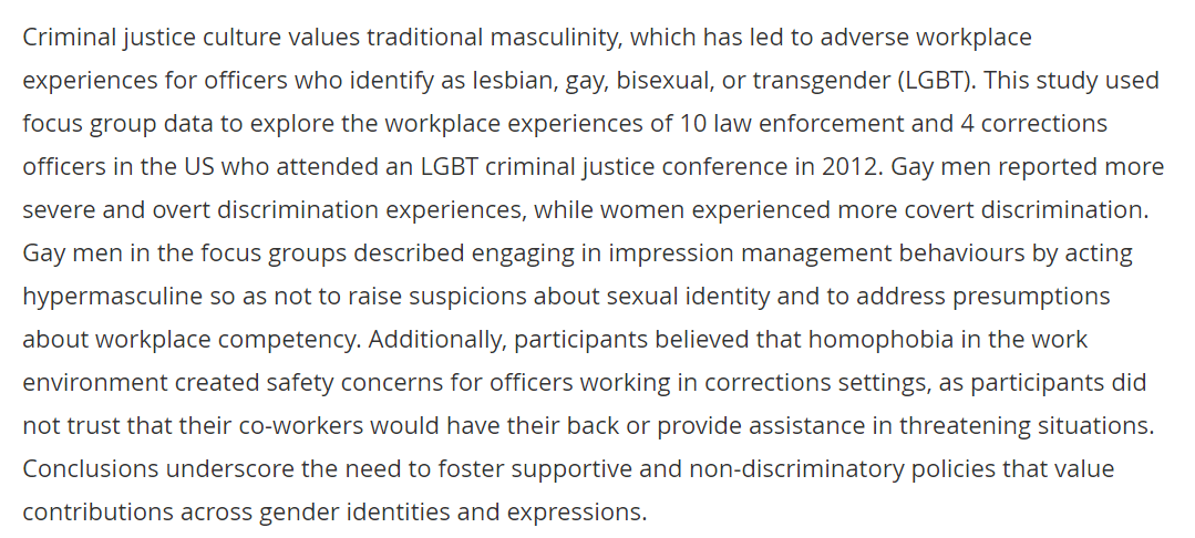 PROBLEM  CORRECTIONSLack of LGBTQ diversity in corrections agencies contributes to homophobic responses toward inmates & coworkers.Hire/elect more LGBTQ; bias training.See https://www.tandfonline.com/doi/abs/10.1080/10439463.2016.1238918?journalCode=gpas20 and see  https://www.comingoutfrombehindthebadge.com/stories-gaypolice-gayfire-gayems/meet-commander-david-myers/ and see  https://www.lgbtmap.org/file/lgbt-criminal-justice-poc.pdf