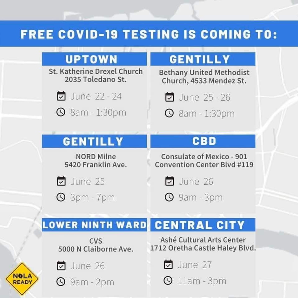 Get Tested! The City of New Orleans is offering different kinds of #COVID19 tests around town. The tests are quick and painless! See upcoming testing options at ready.nola.gov/mobile-testing #MaskUpNOLA #nolaready