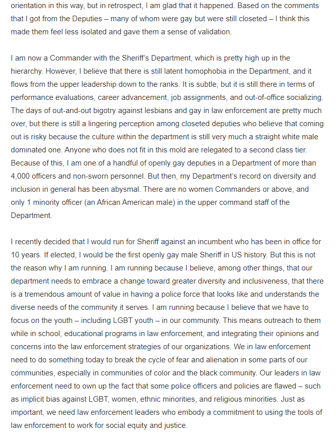 PROBLEM  CORRECTIONSLack of LGBTQ diversity in corrections agencies contributes to homophobic responses toward inmates & coworkers.Hire/elect more LGBTQ; bias training.See https://www.tandfonline.com/doi/abs/10.1080/10439463.2016.1238918?journalCode=gpas20 and see  https://www.comingoutfrombehindthebadge.com/stories-gaypolice-gayfire-gayems/meet-commander-david-myers/ and see  https://www.lgbtmap.org/file/lgbt-criminal-justice-poc.pdf