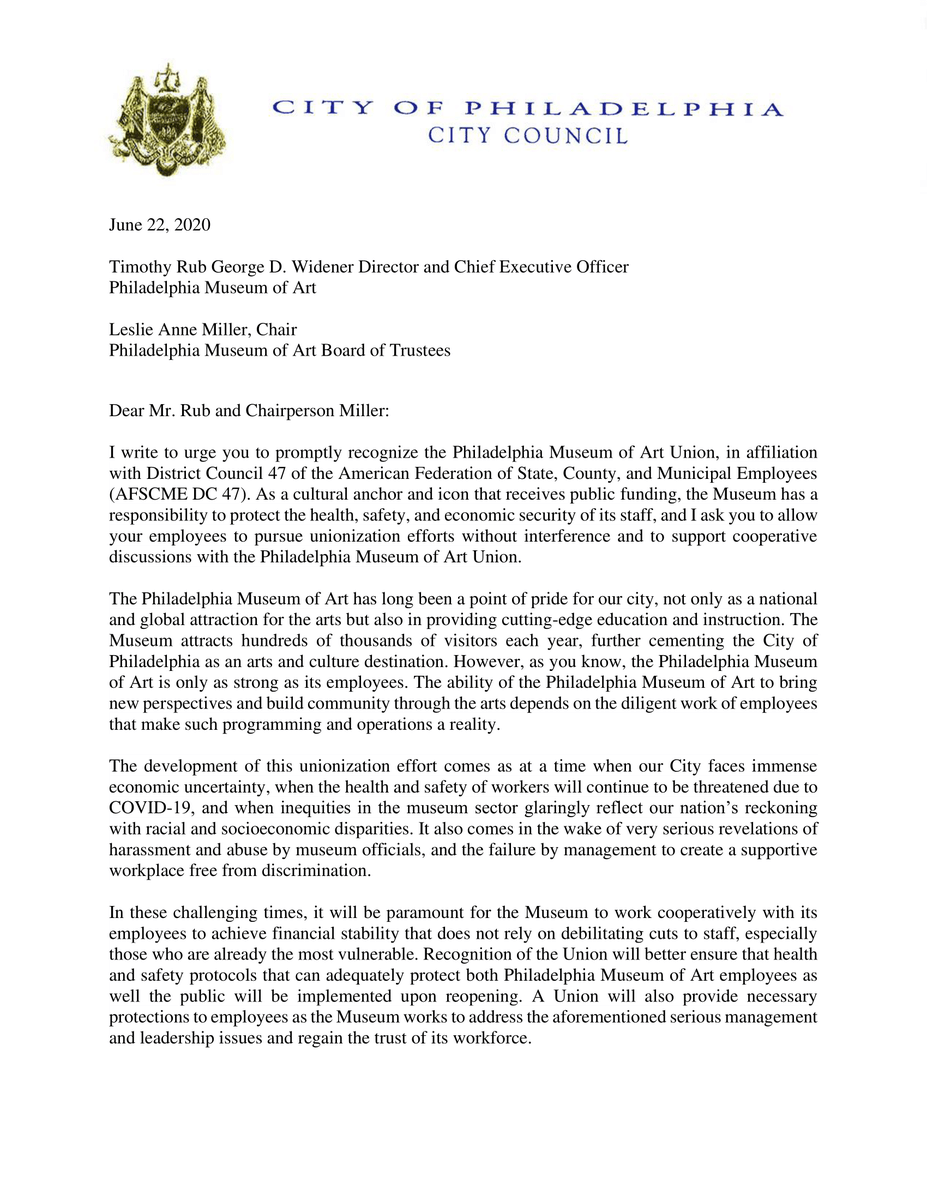 HelenGymAtLarge's tweet photo. I'm proud to stand with staff at the Philadelphia Museum of Art in their efforts to form a union: @PMA_Union.

Our letter of support, signed by many of my colleagues, which we sent to the museum's board of trustees👇 https://t.co/fWrCY9s27R