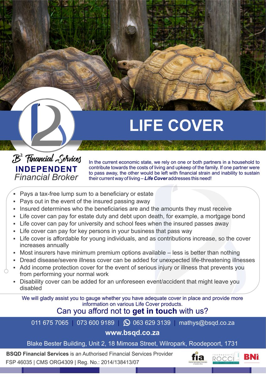BsqdFinancial's tweet image. Are you supporting your spouse, children, parents financially? Could they afford not to receive an income from you? You can structure your policies to stand in for you when you are not able to.
Be in touch - info@bsqd.co.za