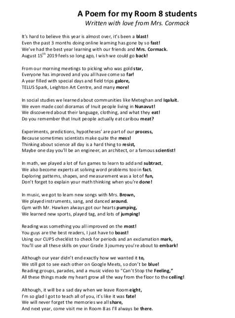 VVGrade2SP's tweet photo. As this year is coming to a close, here is a poem all about our Grade 2 year and all the amazing things we've done together! Can you figure out the rhyming pattern? #LastWeekofGradeTwo #SchoolsAlmostOut https://t.co/ZIgBvCUwTM