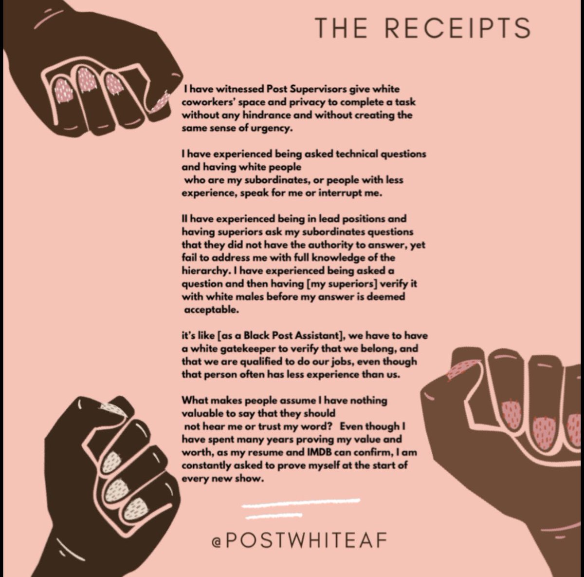 PostWhiteAF's tweet photo. @chescaleigh These YouTubers are only highlighting the mentality that lurks behind closed doors.  Acts of micro racism thwart Black artists everyday.  Follow me as I share stories of micro-racism in Post Production.
#editorssowhite 
#postwhiteaf
#BlackArtsMatter https://t.co/sQEEnU0L5t