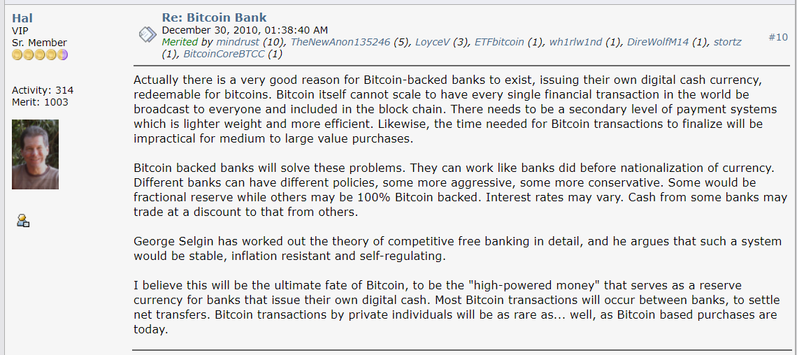 14/ Eventually, most people will have ownership of very small fractions of the monetary base via financial institutions. These institutions will use the  #Bitcoin   network as a means of final settlement between each other. Hal Finney (RIP) was the first to understand this: