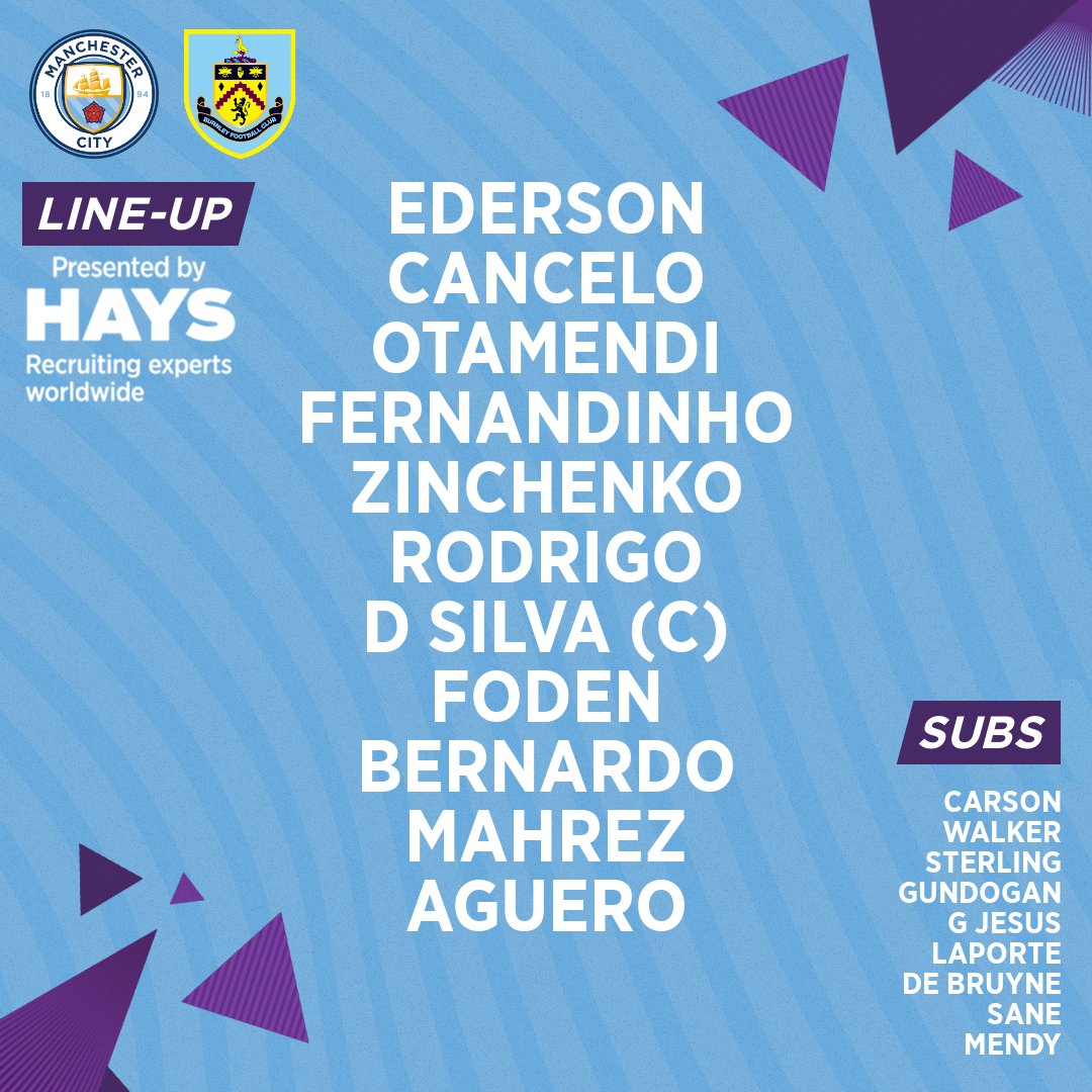ManCity's tweet photo. 📋 𝕋𝔼𝔸𝕄 ℕ𝔼𝕎𝕊 📋

XI | Ederson, Cancelo, Otamendi, Fernandinho, Zinchenko, Rodrigo, D Silva (C), Foden, Bernardo, Mahrez, Aguero

SUBS | Carson, Walker, Sterling, Gundogan, G Jesus, Laporte, De Bruyne, Sane, Mendy 

⚽️ @HaysWorldwide
🔵 #ManCity https://t.co/dF4vaD8EBJ