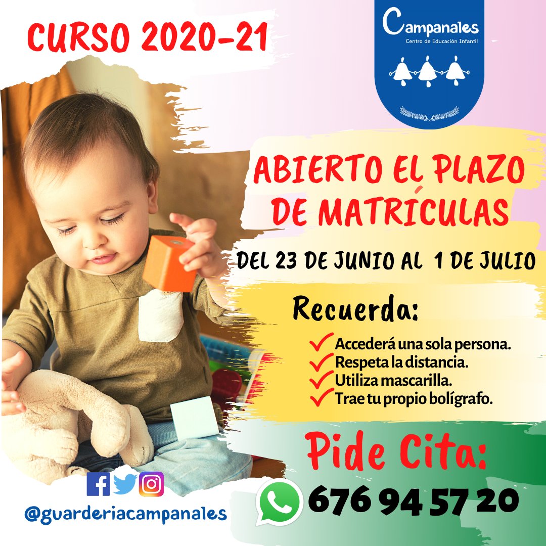 CEICampanales's tweet photo. 𝐀𝐛𝐢𝐞𝐫𝐭𝐨 𝐞𝐥 𝐩𝐥𝐚𝐳𝐨 𝐩𝐚𝐫𝐚 𝐥𝐚 𝐟𝐨𝐫𝐦𝐚𝐥𝐢𝐳𝐚𝐜𝐢ó𝐧 𝐝𝐞 𝐦𝐚𝐭𝐫í𝐜𝐮𝐥𝐚𝐬 𝐝𝐞𝐥 𝟐𝟑 𝐝𝐞 𝐉𝐮𝐧𝐢𝐨 𝐚𝐥 𝟏 𝐝𝐞 𝐉𝐮𝐥𝐢𝐨.
📞𝟔𝟕𝟔 𝟗𝟒 𝟓𝟕 𝟐𝟎
#matriculacion #escuelainfantil  #Mijas #Fuengirola #Málaga #nuevocurso #centrobilingüe #bilingual https://t.co/PuAsAb1Rt3