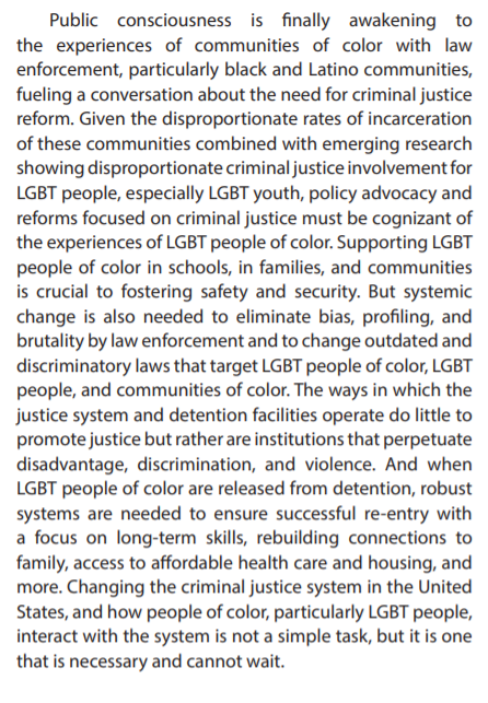 PROBLEM  CORRECTIONSLack of LGBTQ diversity in corrections agencies contributes to homophobic responses toward inmates & coworkers.Hire/elect more LGBTQ; bias training.See https://www.tandfonline.com/doi/abs/10.1080/10439463.2016.1238918?journalCode=gpas20 and see  https://www.comingoutfrombehindthebadge.com/stories-gaypolice-gayfire-gayems/meet-commander-david-myers/ and see  https://www.lgbtmap.org/file/lgbt-criminal-justice-poc.pdf