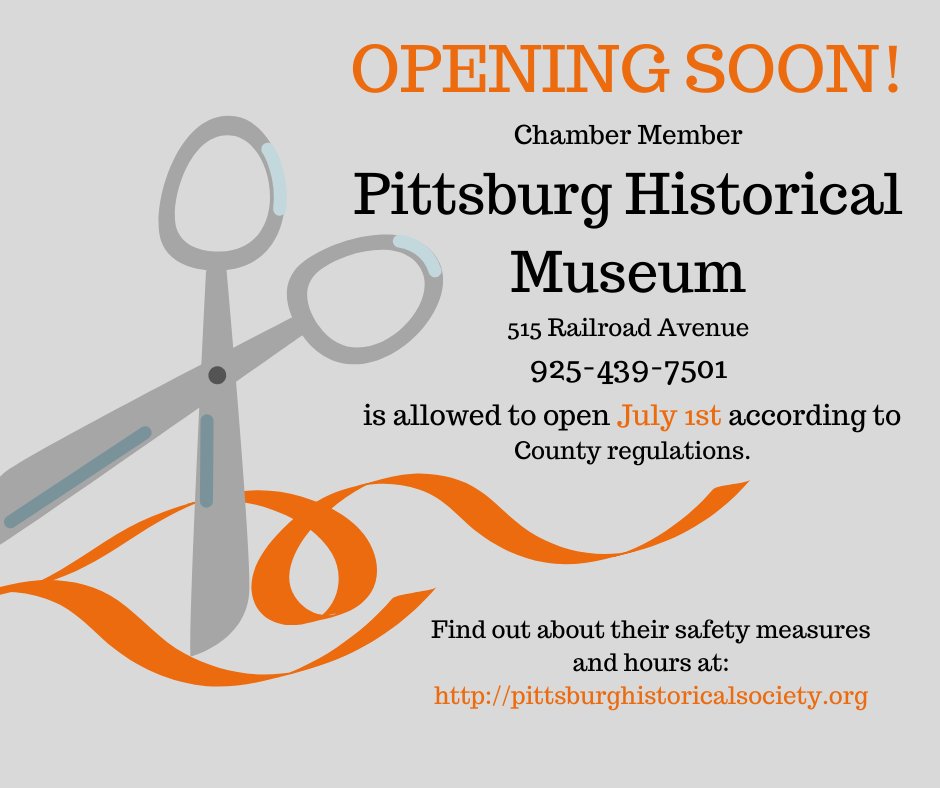 chamber94565's tweet photo. We're excited!  The Pittsburg Historical Museum - Pittsburg, California has taken the utmost care and precautions for your safety and theirs.  Plan on going to show them your love of Pittsburg.  Check out their website for their hours at https://t.co/8b8Pj2UpfT. https://t.co/FLaWqC05nT