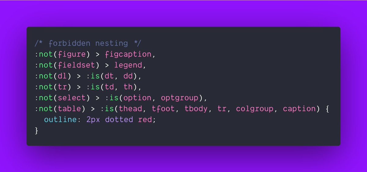 argyleink's tweet image. #lintHTMLwithCSS 

this selector hunts for forbidden nesting