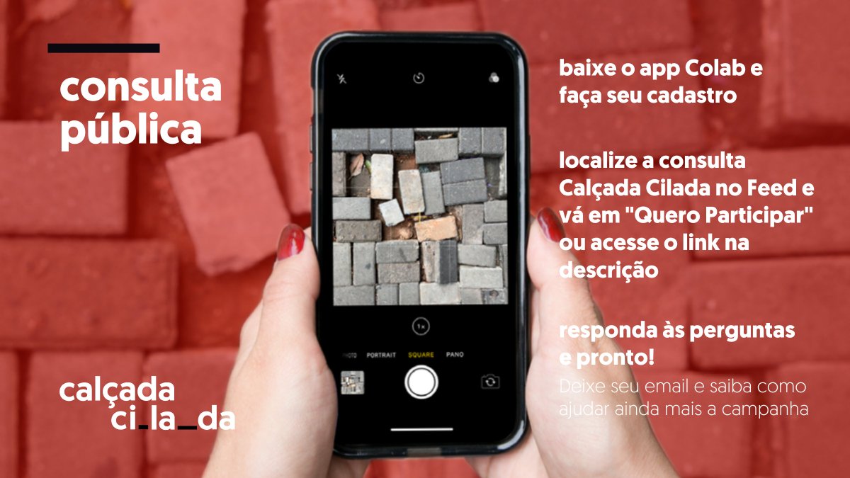 corridaamiga's tweet photo. A campanha Calçada Cilada te convida a participar de um consulta pública com foco no mapeamento de #ciladas no entorno de hospitais, escolas, e outros pontos de interesse em nossas rotas diárias. Responda pelo link: https://t.co/NsqKcGMhob. Saiba mais em: https://t.co/J3uoFByq0f https://t.co/EyWqOf68Xe