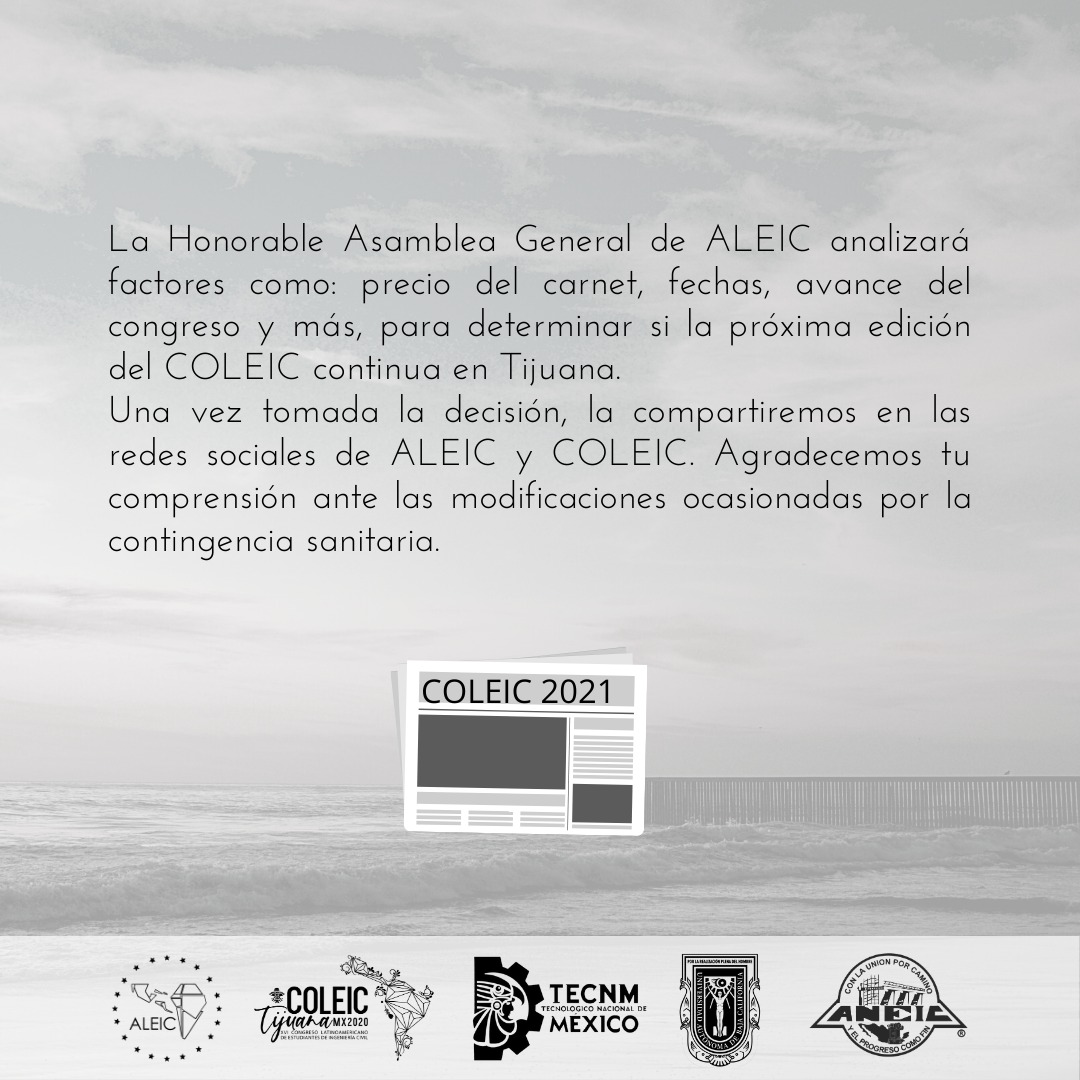 ALEICoficial's tweet photo. 📢 Comunicado oficial sobre el #COLEIC 2020, Tijuana México

📩 Cualquier duda o aclaración puedes comunicarte con nosotros a través de los medios oficiales. https://t.co/vmYk2i2BCi