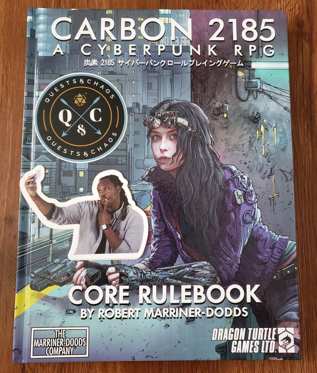 azerold1's tweet photo. Got this in the mail yesterday! I won the raffle on @questsandchaos a couple weeks ago. Beautiful book and fun stickers. Cant wait to dive into this one! Thanks again @questsandchaos! I'll see you in the chat! #carbon2185 #ttrpg #questsandchaos #dicefun #warrenstickers #cyberpunk https://t.co/qUkjOytN4b