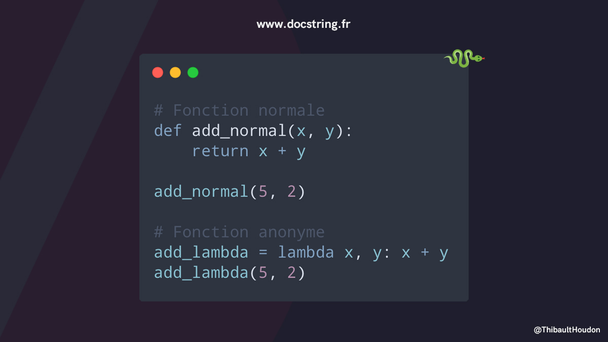 ThibaultHoudon's tweet image. Est-il possible de créer une fonction sur une ligne avec Python ?
Bien sûr 🤘
Pour ça, vous pouvez utiliser les fonctions anonymes avec l'instruction lambda 👇
#Python #PythonTips #Docstring
