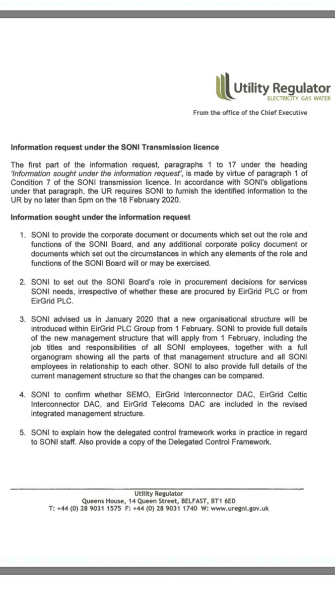 Now the Utility Regulator’s investigation has moved to a more formal stage, these are the fresh questions that were put to  @soni_ltd by the Utility Regulator. SONI missed the deadline for answering these questions !