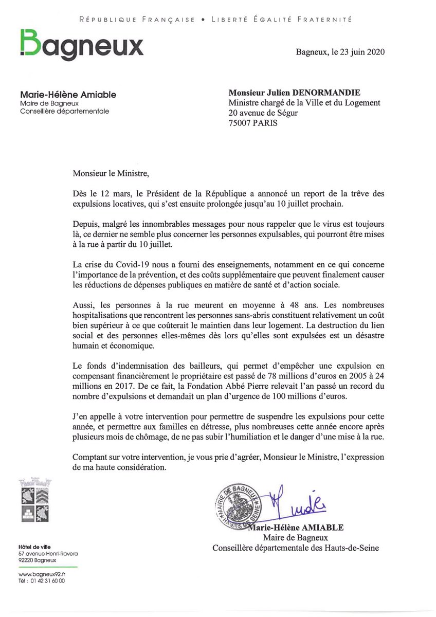 MHAmiable's tweet photo. #Bagneux Ma lettre au Ministre du Logement: pas d’#expulsionlocative  pour les locataires en difficultés financières! Même en été, les expulsions des familles et de leurs enfants de leur logement ne sont pas acceptables! https://t.co/YPlJXCnwqg